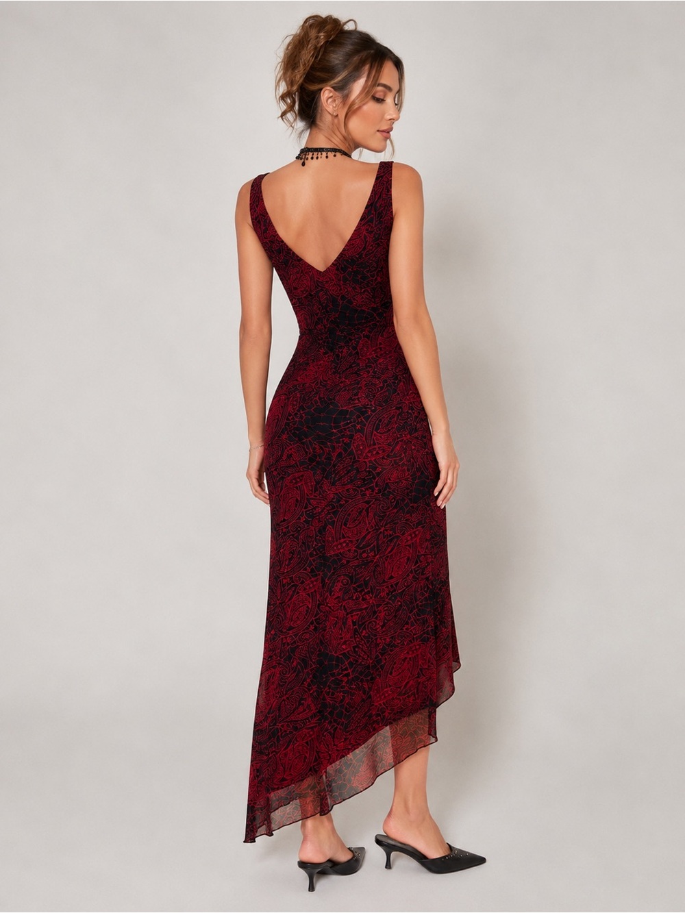 Ruby Rox Y2K Mesh Overlay Asymmetrical Hem Dress Paisley Print | Size M - Picture 14 of 15